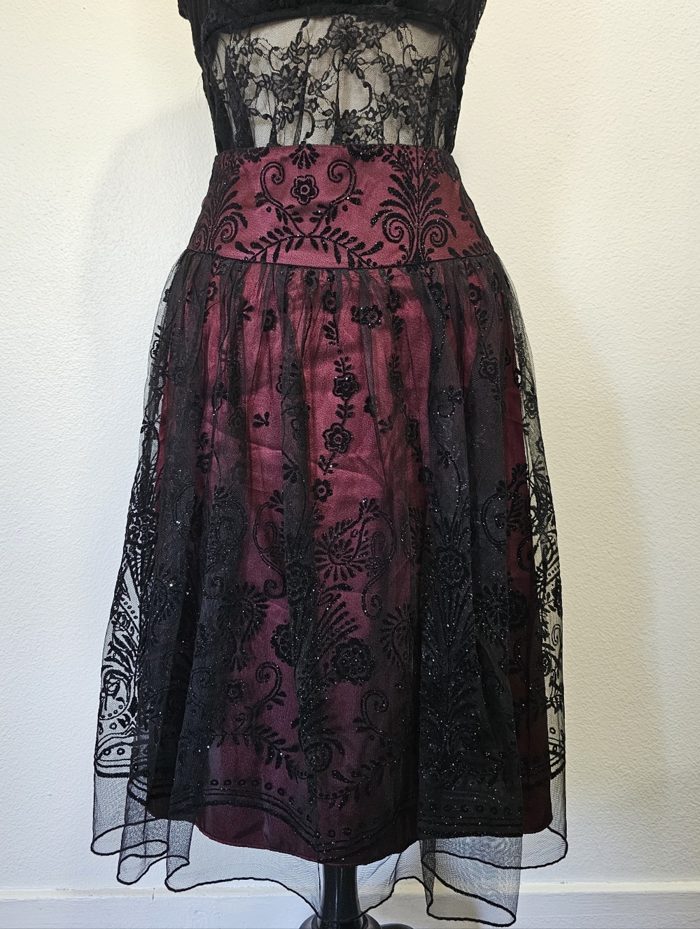 MSK Black Embroidered Lace Overlay Burgundy Midi Skirt